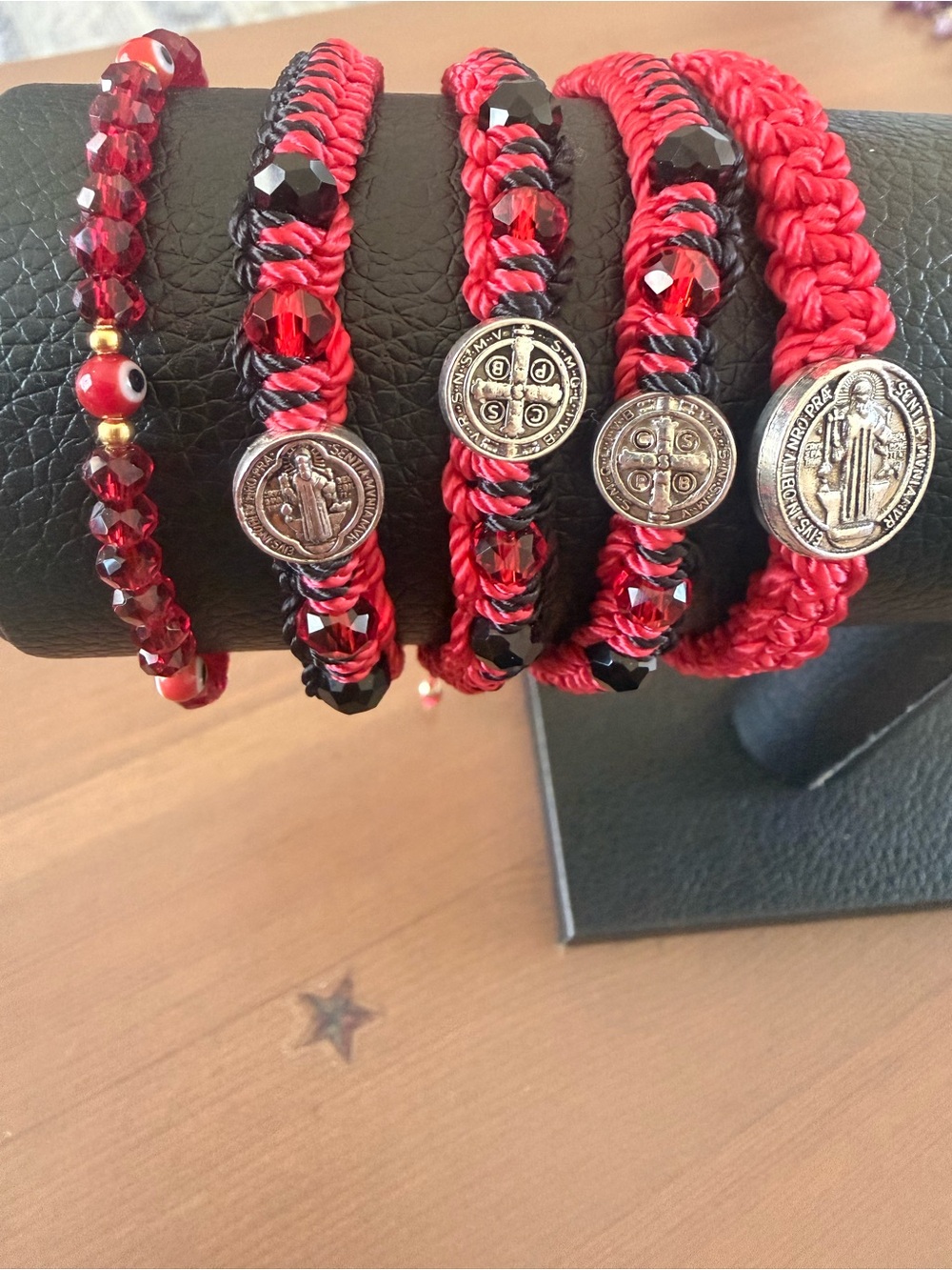 YNS Generic Red and Black Braided Saint Medallion Bracelet Set